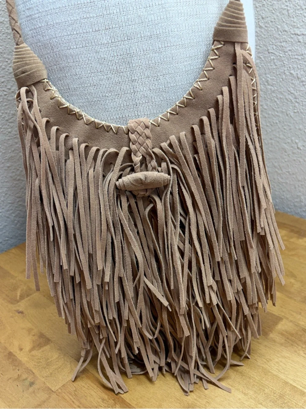 Sam Forever Fringe Hobo Bag Taupe Faux Suede Boho Festival Purse